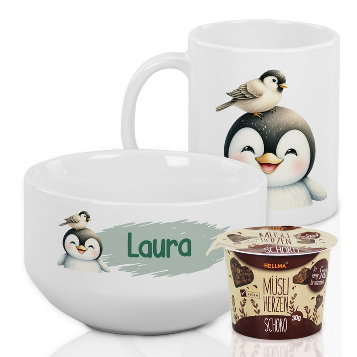 GRAZDesign Frühstückset Tasse mit Müslischale personalisiert für Kinder Pinguin Motiv aus Keramik -