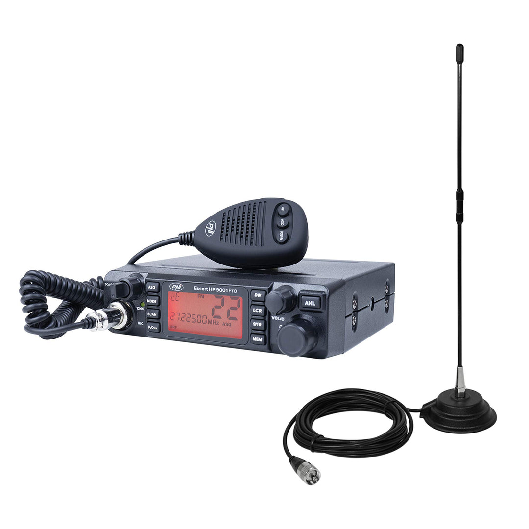 PNI CB Radio Escort HP 9001 PRO ASQ einstellbar, AM-FM, 12 V / 24 V, 4 W + CB-Antenne Extra 40 mit M