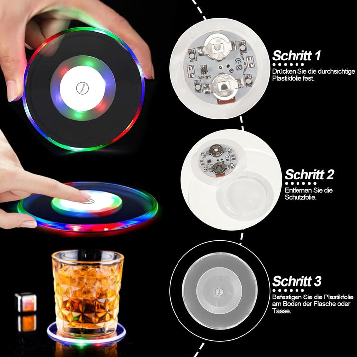 QESSUVNC 10 Stück LED Untersetzer,Bunt LED Untersetzer mit 7 Lichtmodi, 10CM Acryl Rund Wasserdichte