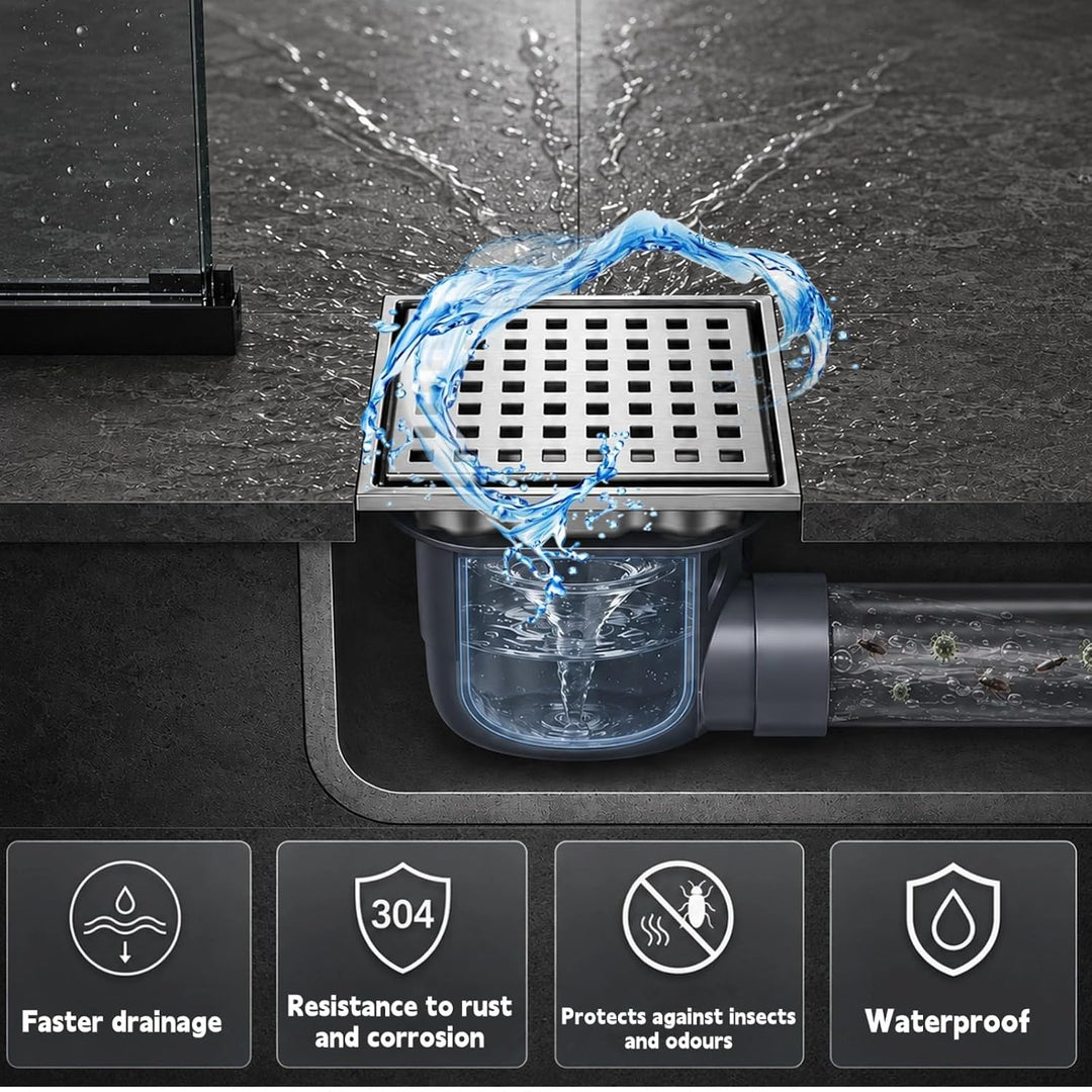 Duschrinne Quadratisch Edelstahl Bodenablauf mit 360° Siphon Geruchsstop, 15x15CM Bodenablauf Dusche