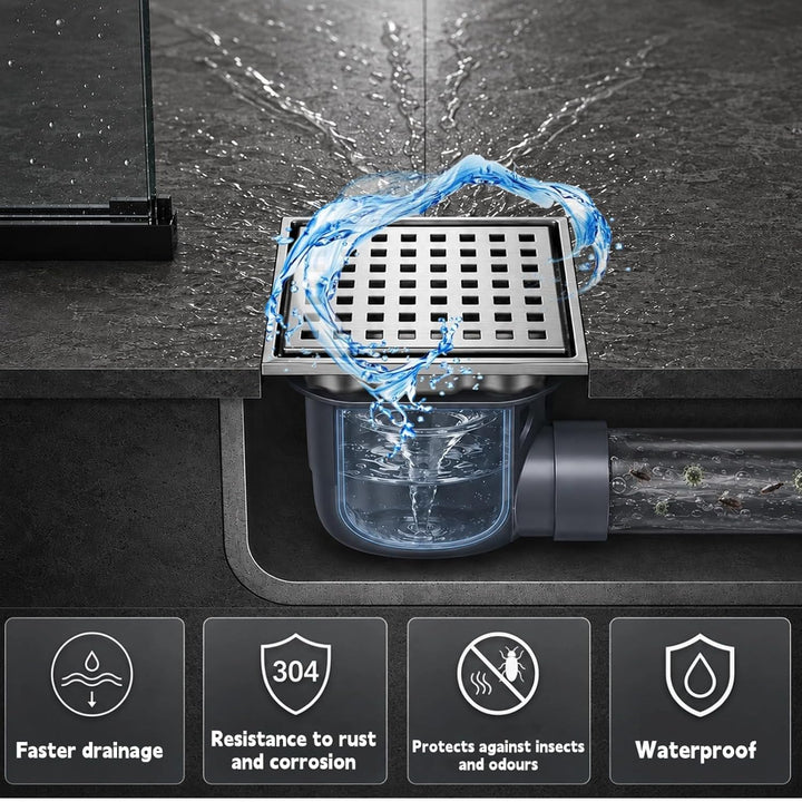 Duschrinne Quadratisch Edelstahl Bodenablauf mit 360° Siphon Geruchsstop, 15x15CM Bodenablauf Dusche