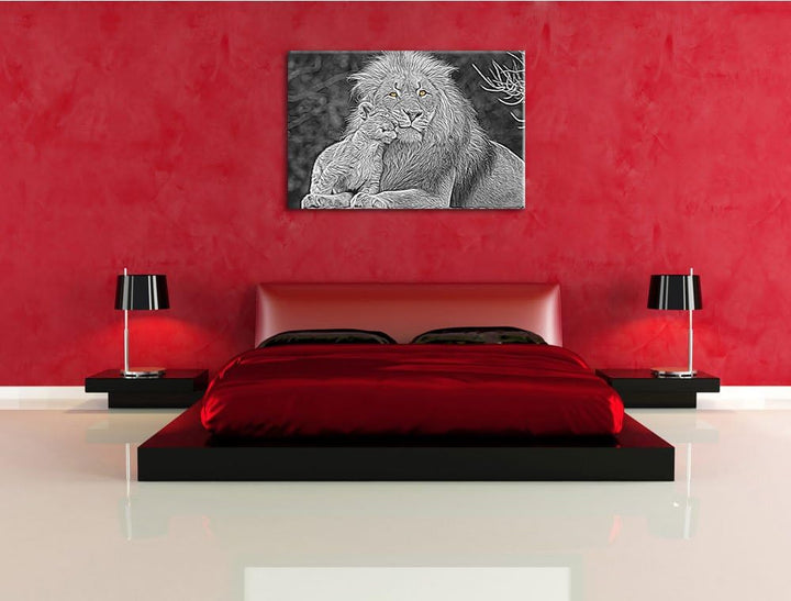 schöner Löwe mit Jungtier schwarz/weiss Deluxe Format: 100x70 cm auf Leinwand, XXL riesige Bilder fe