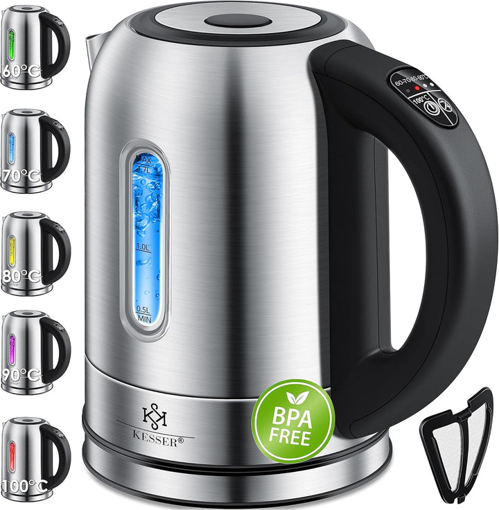 KESSER Wasserkocher 2200W Edelstahl 1,7L mit LED Beleuchtung-Farbe je nach Temperaturwahl 60, 70, 80