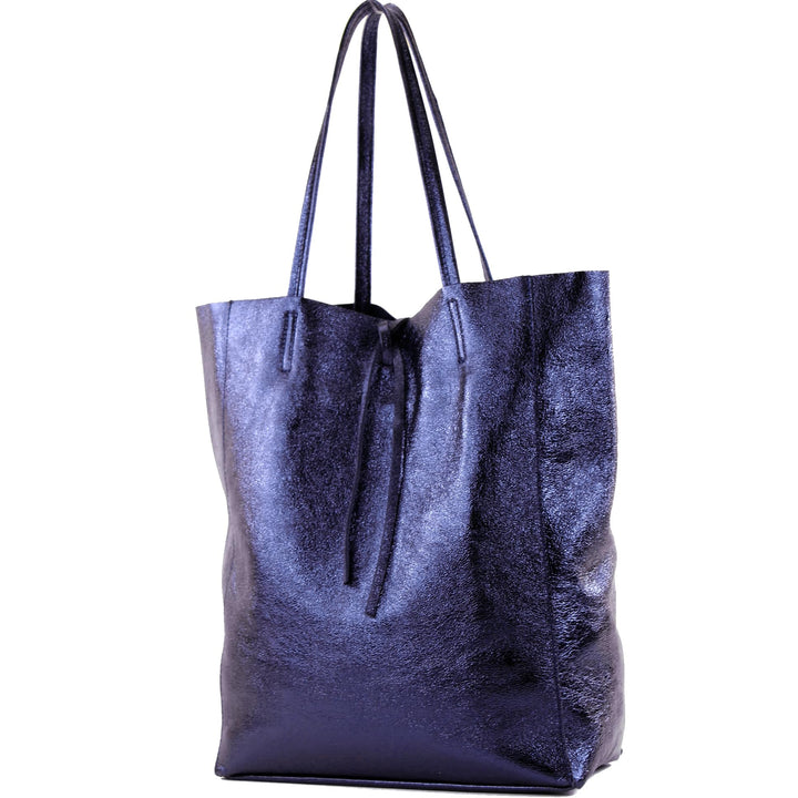 modamoda de T163 Damen Leder Shopper Schultertasche, handmade in Italy Blauviolett-metallic, Blauvio