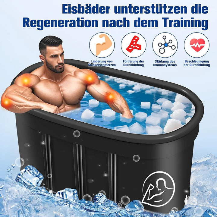 Ovales Eisbad XXL (120 cm) mit Abdeckung Komplettset - Faltbare Badewanne Erwachsene Eisbaden Tonne
