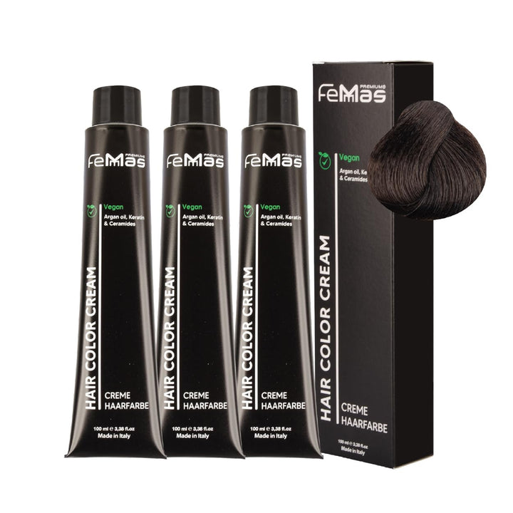 FemMas Haarfarbe 3x Mittelbraun Intensiv 4.0 I Professionelle Creme Haarfarbe mit Arganöl, Keratin &