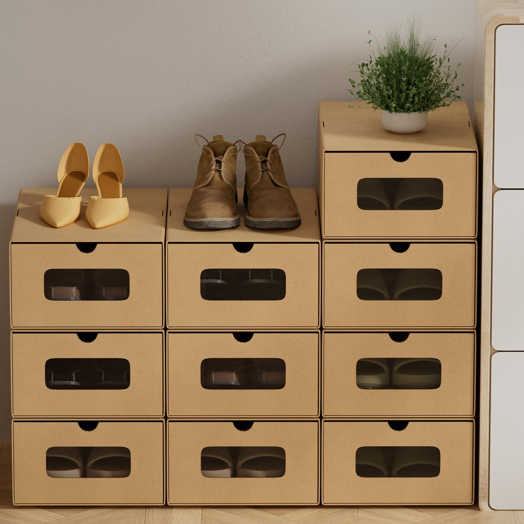 30x Schuhaufbewahrung REINBRAUN mit Sichtfenster – Faltbare Aufbewahrungsbox 35×23×13,5 cm Stapelbar