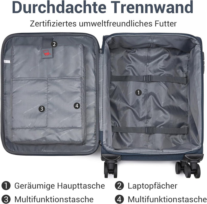 British Traveller Handgepäck Koffer Stoff, 41 Liter-Leichter Weichgepäckkoffer mit separatem Laptop-