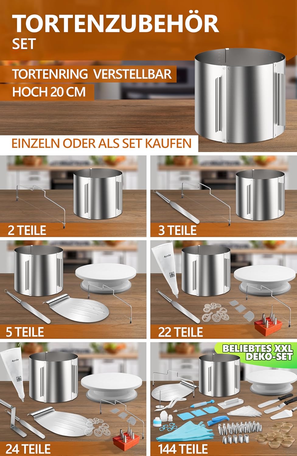 4smile Torten-Zubehör-Set 5 Teile - Tortenring verstellbar hoch 20 cm + Tortenschneider + Tortenhebe