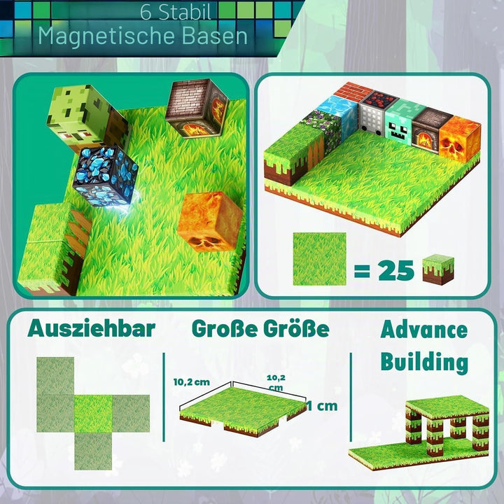 Magnetische Bausteine 150 Teile - Wald & Minentunnel Set mit 6 Grasplatten - Magnetbausteine für Jun