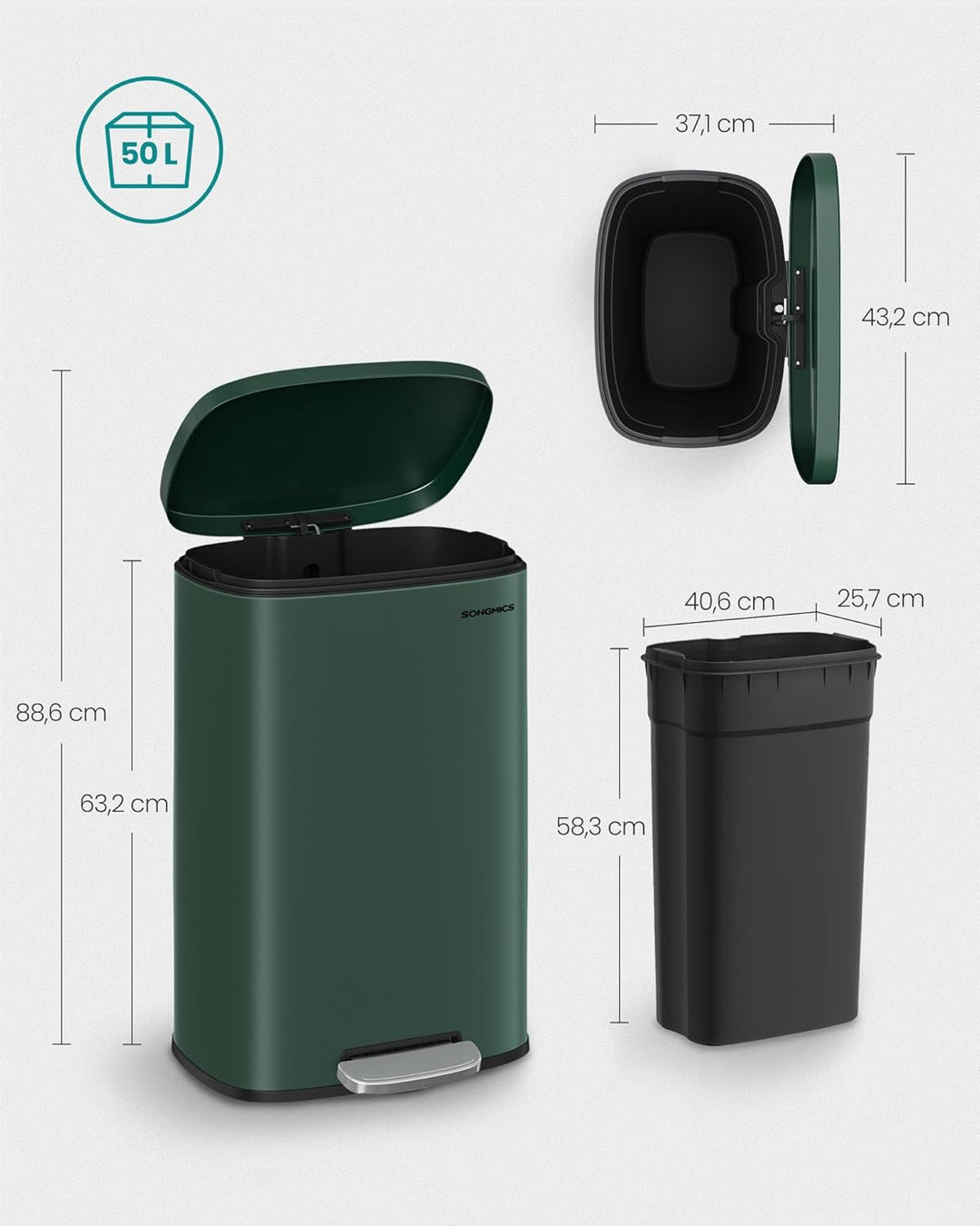 SONGMICS Mülleimer Küche, 50 Liter, Abfalleimer, Treteimer, mit Deckel, Softclose, Fusspedal, Stahl,