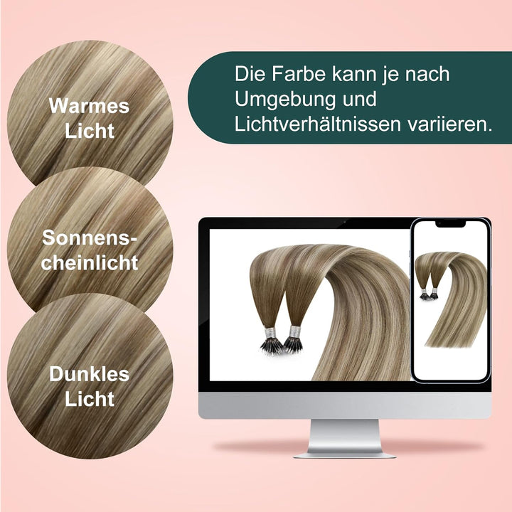 Easyouth Extensions mit Nanoring Echthaar 20 Zoll 50 Stück 50g Farbe Dunkelbraun tu Aschbraun Mix Mi