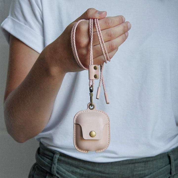 Woodcessories - AirPods 1 &amp; 2 Leder Hülle mit Halskette, AirCase (Rose Nude) AirPods 1 &amp; 2 Rosa, Air