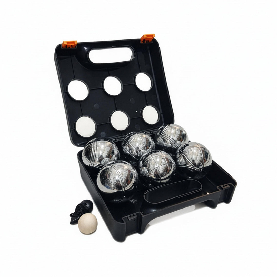 Relaxdays Boule Kugeln, 6 Stahlkugeln, Set mit Zielkugel, Abstandsmesser &amp; Koffer, Boccia Spiel, sch