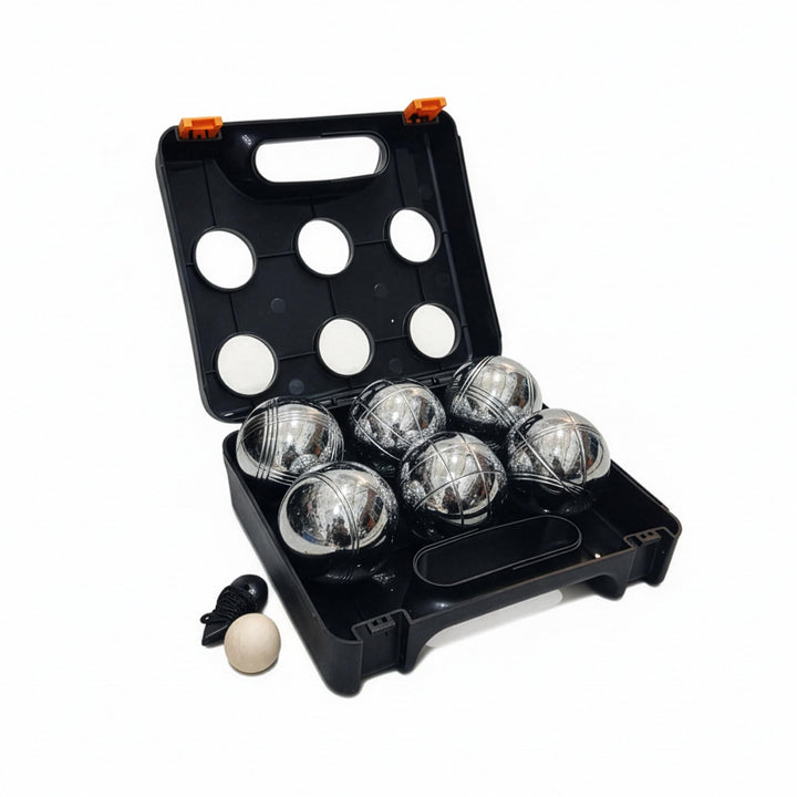 Relaxdays Boule Kugeln, 6 Stahlkugeln, Set mit Zielkugel, Abstandsmesser &amp; Koffer, Boccia Spiel, sch