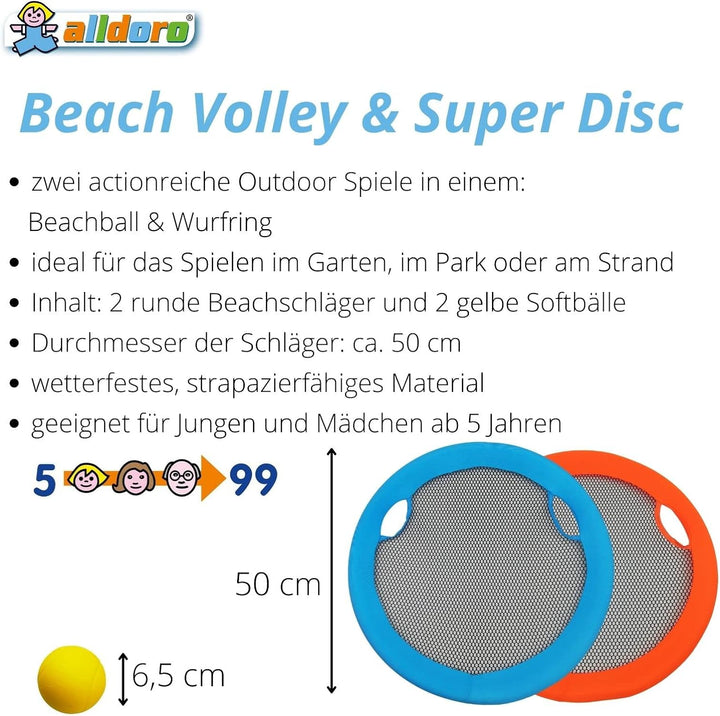 alldoro 60040 Beach Volley & Super Disc, 4 tlg. Set, Strand-Volleyball Wurfscheiben, Ø 50 cm, bunt f
