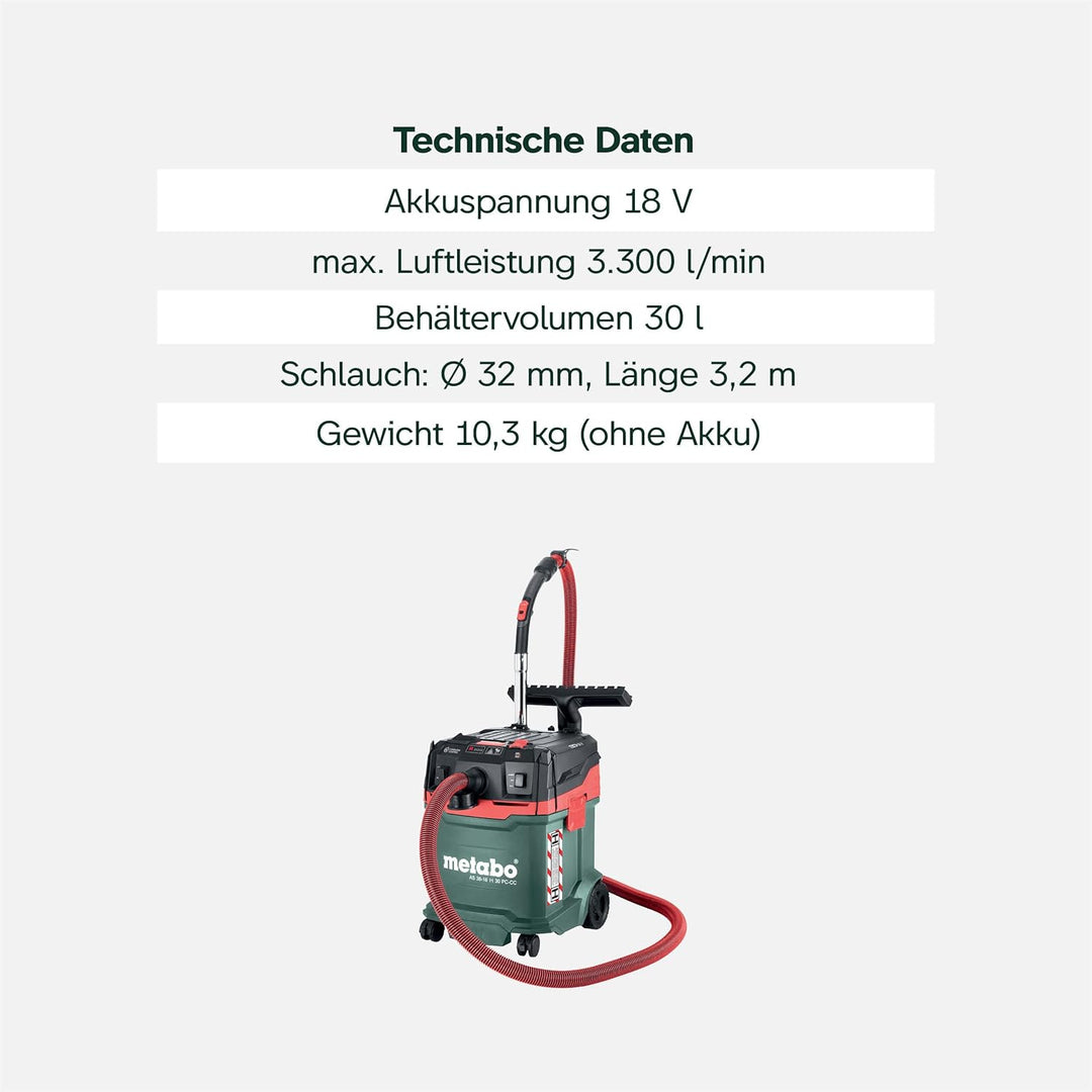 metabo AS 36-18 H 30 PC-CC Akku-Sauger, 18V Nass- und Trockensauger | Zertifizierter Industriestaubs