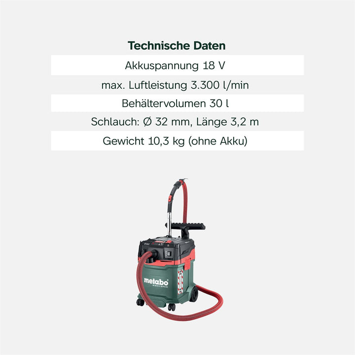 metabo AS 36-18 H 30 PC-CC Akku-Sauger, 18V Nass- und Trockensauger | Zertifizierter Industriestaubs