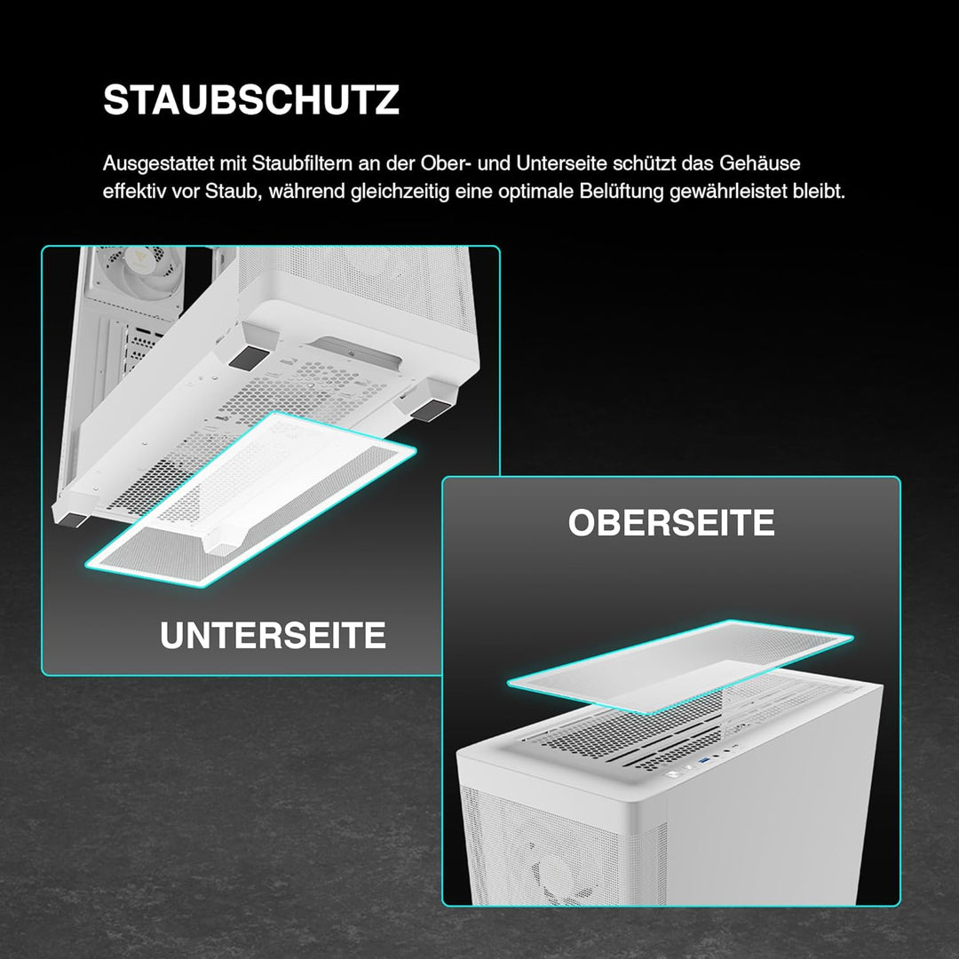 GAMDIAS Weisses ATX Mid-Tower-Computergehäuse aus gehärtetem Glas, Gaming-PC-Gehäuse unterstützt Dua