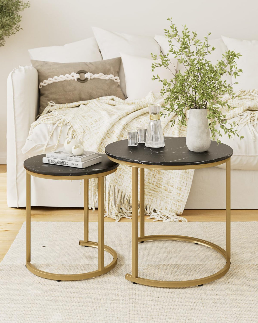 Couchtisch Rund 2er Set, Wohnzimmertisch, Beistelltische Gold Metall, Kaffeetisch für Sofatisch, Woh
