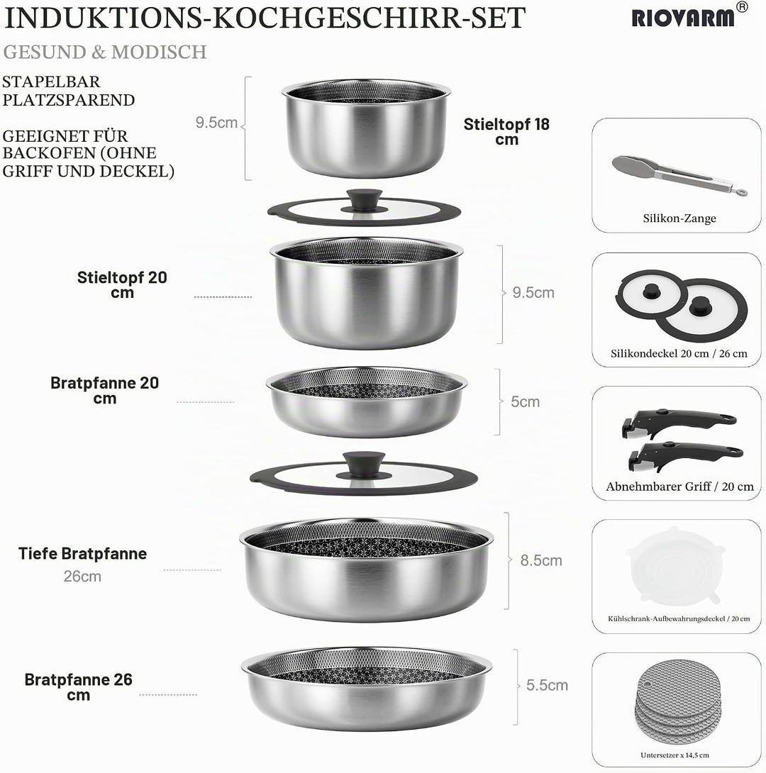 RIOVARM Edelstahl Töpfe und Pfannen Set Induktion Keramik Antihaft Pfannenset mit abnehmbaren Griffe