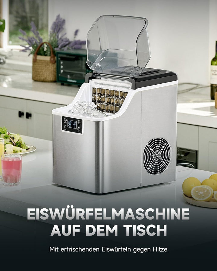 CREWORKS Edelstahl-Eiswürfelmaschine 22 kg/24 h Gewerbeausführung mit LCD-Display Selbstreinigung 3,