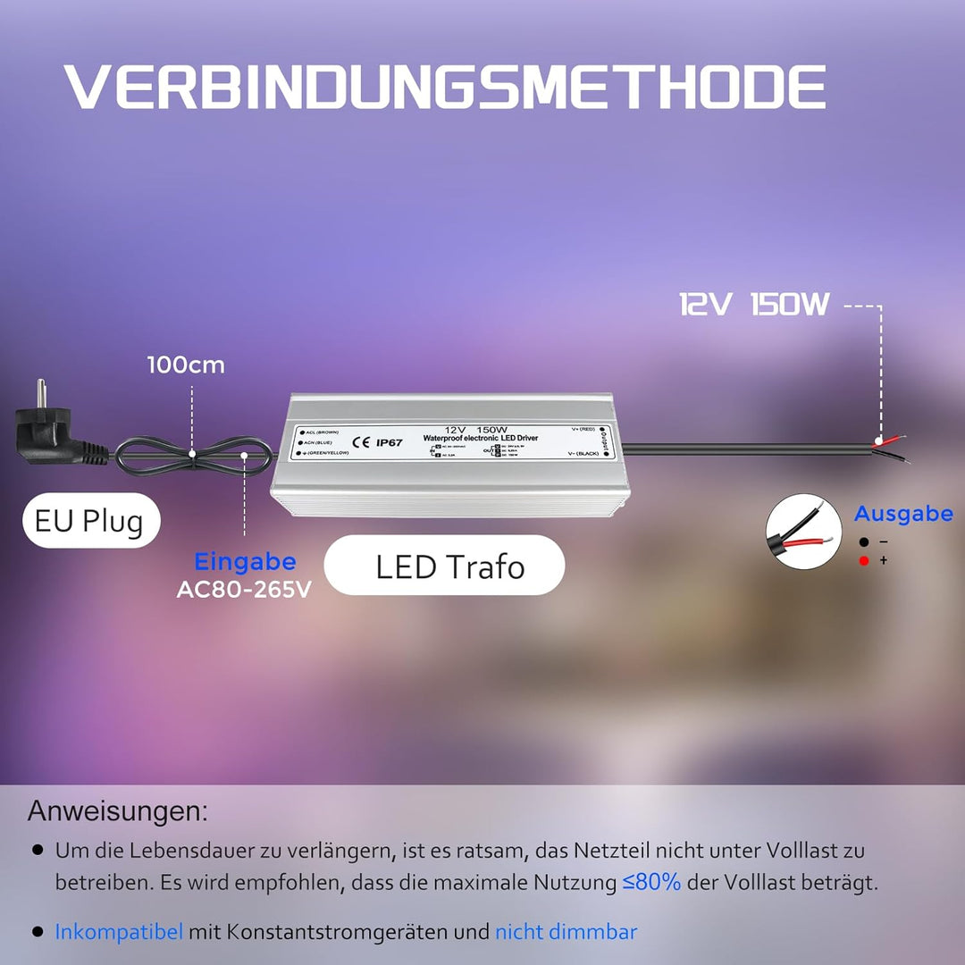 LED Trafo 12V 150W IP67, Outdoor Wasserdicht Transformator mit Stecker, LED Netzteil Treiber 230V au