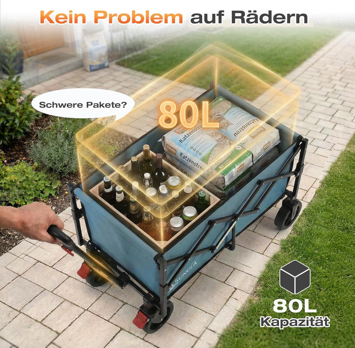 SUNULA Bollerwagen Faltbar Klein 80L 100KG, Faltbarer Handwagen, Klappbarer Faltbollerwagen mit Halb