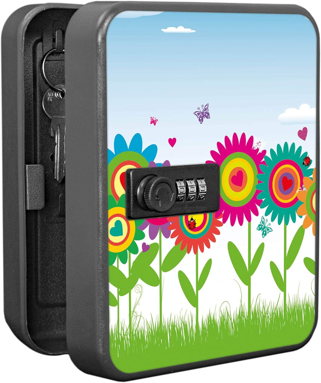 banjado® Burg-Wächter® abschliessbarer Schlüsselkasten mit Motiv Bunte Blumen für 20 Schlüssel - Sch