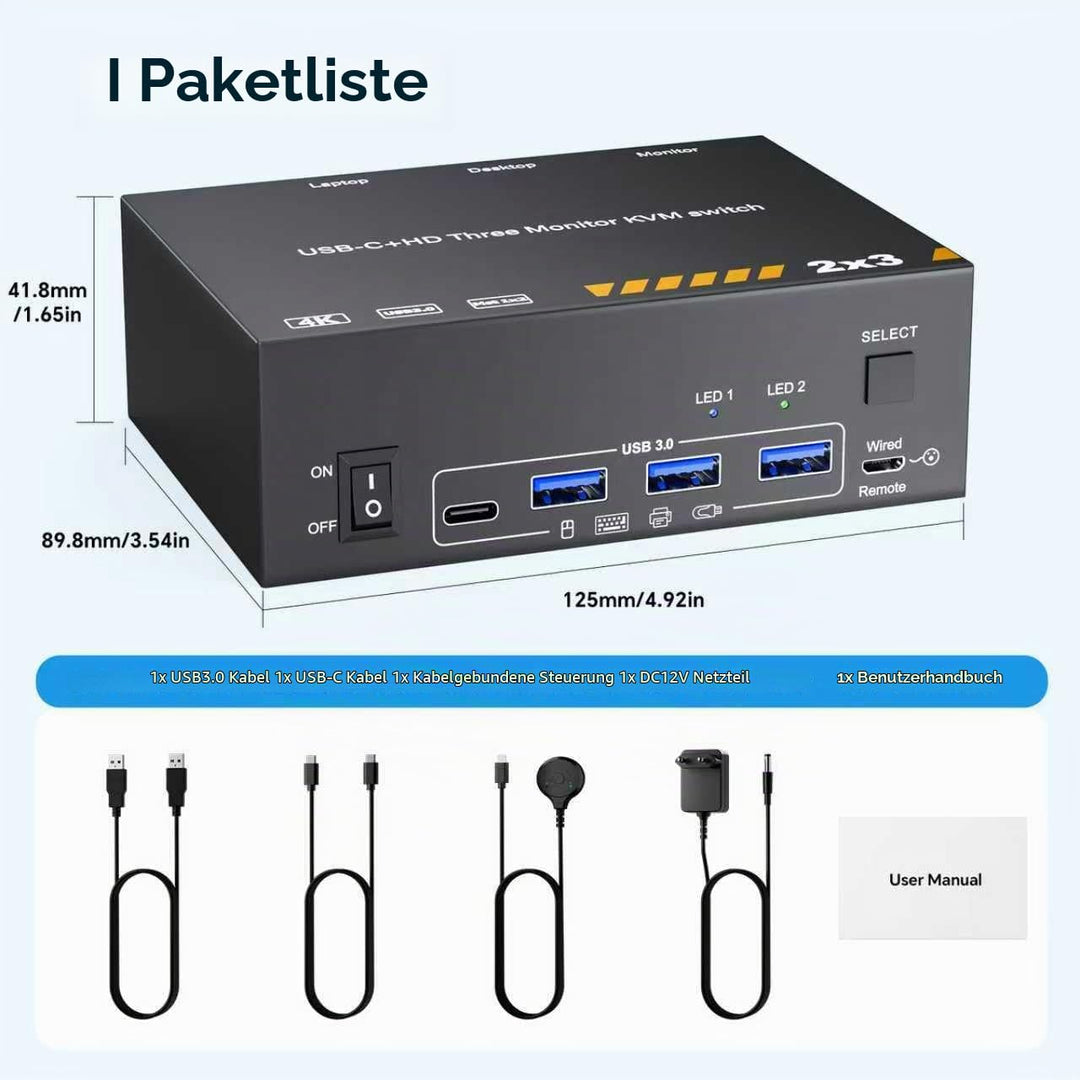 KVM Switch 3 Monitore für 1 Laptop und 1 Desktop 4K@60Hz, HDMI + USB C KVM Umschalter Dockingstation