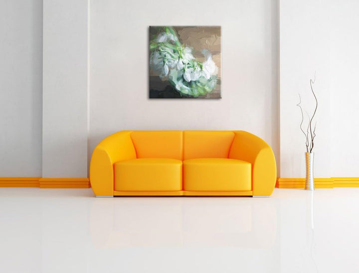 Pixxprint Schneeglöckchen in der Vase Pinsel Effekt, Format: 70x70 auf Leinwand, 70x70