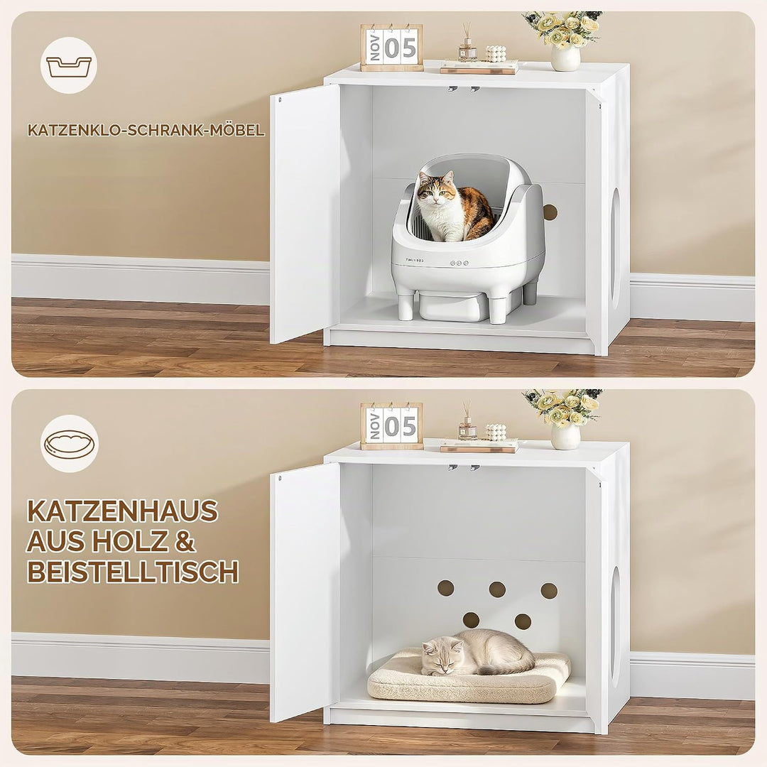 Katzenklo Schrank Versteckt mit Steckdosen, 80 x 60 x 80 cm, Weiss | Katzenschrank Möbel mit USB, fü
