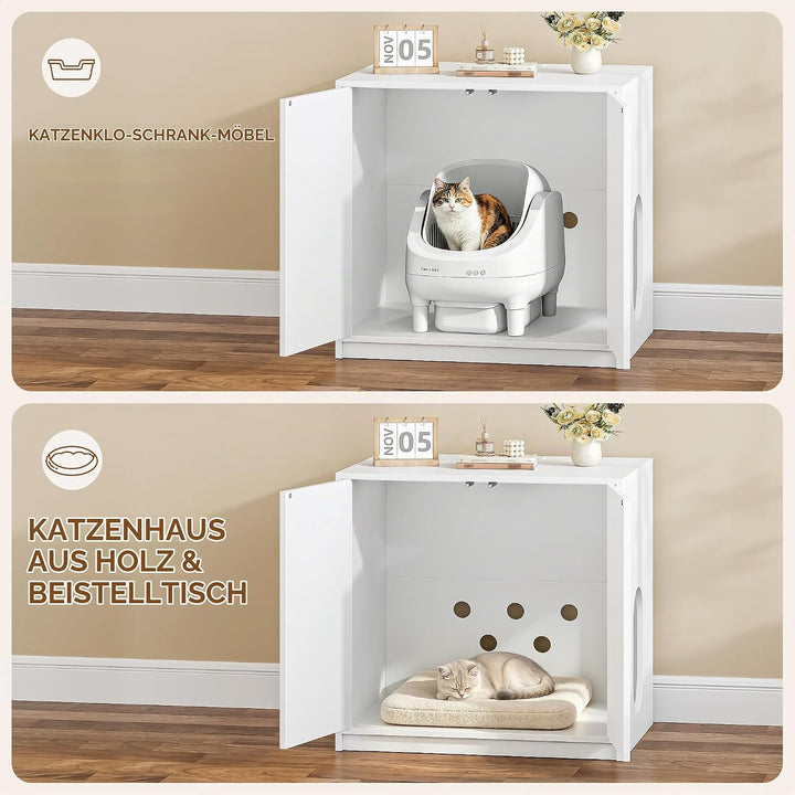 Katzenklo Schrank Versteckt mit Steckdosen, 80 x 60 x 80 cm, Weiss | Katzenschrank Möbel mit USB, fü