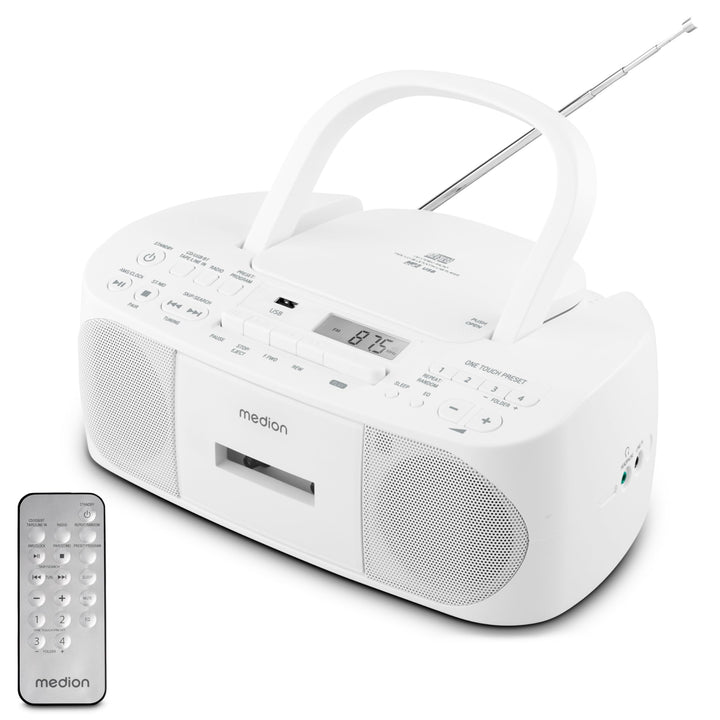 MEDION E65010 Stereoradio (CD-Player, Kassette, USB Anschluss, AUX Audioeingang, MP3-Widergabe. UKW