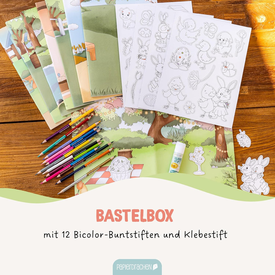 Papierdrachen Bastelbox Osterhasenwelt - Komplettes Ostern Bastelset ab 3 Jahren - Inkl. Buntstifte
