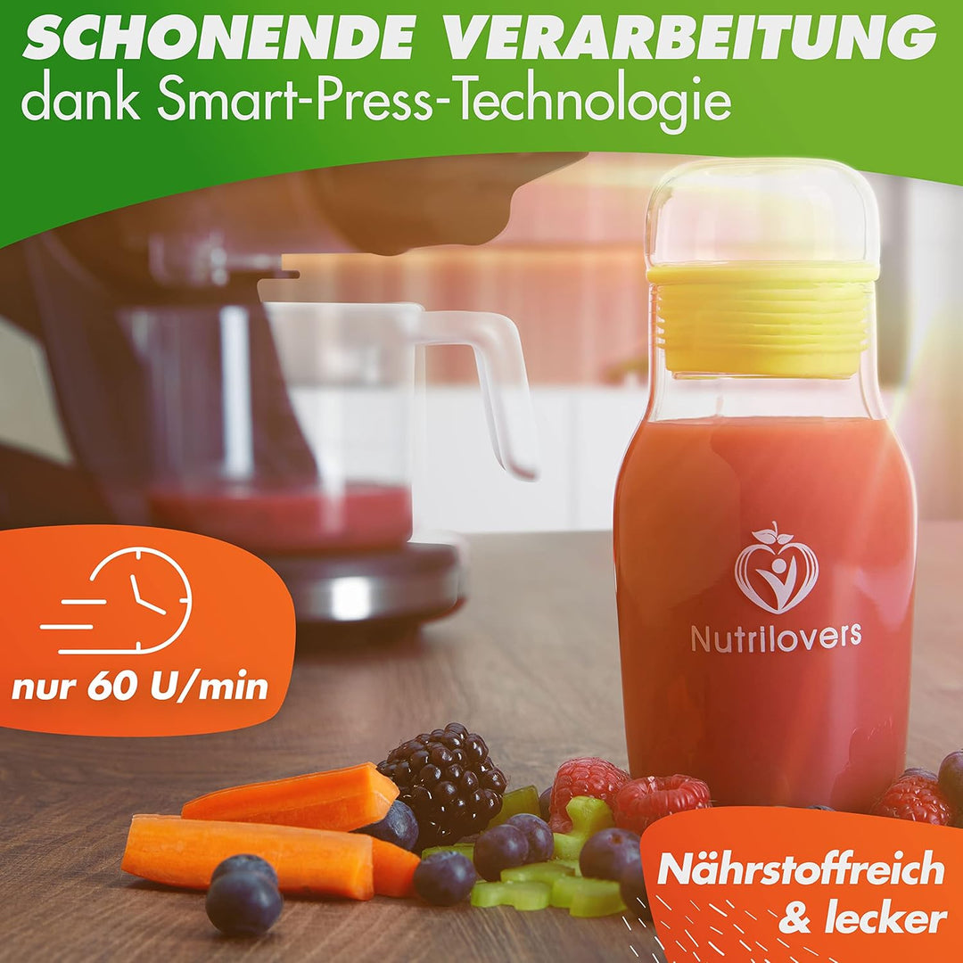 Nutrilovers Slow Juicer MINI-PRESS kompakt für Singles & Kleine Küchen DEUTSCHE MARKE Inkl. Rezeptbu