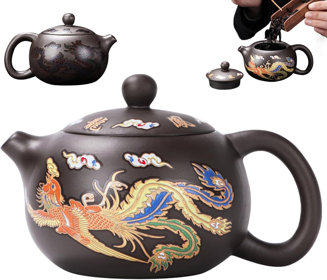 Keramik -Teekanne Drache und Phoenix Chinesische Teekannenfarbe Kung -Fu -Teekanne mit Griff und Inf