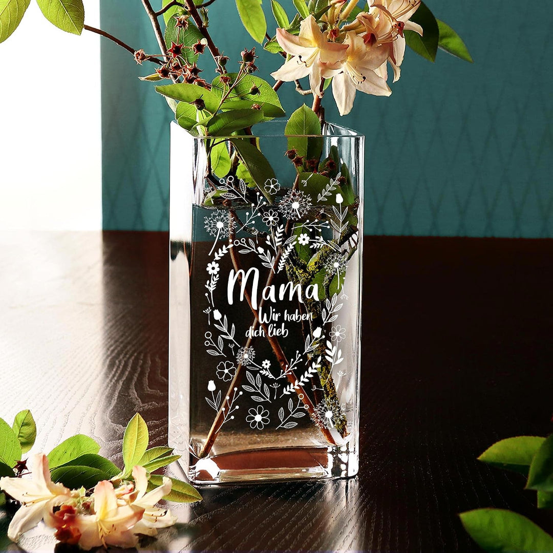 Blumenvase für Mama: Vase mit Gravur, Muttertagsgeschenk, Eckige Glasvase für die Beste Mama, Blumen