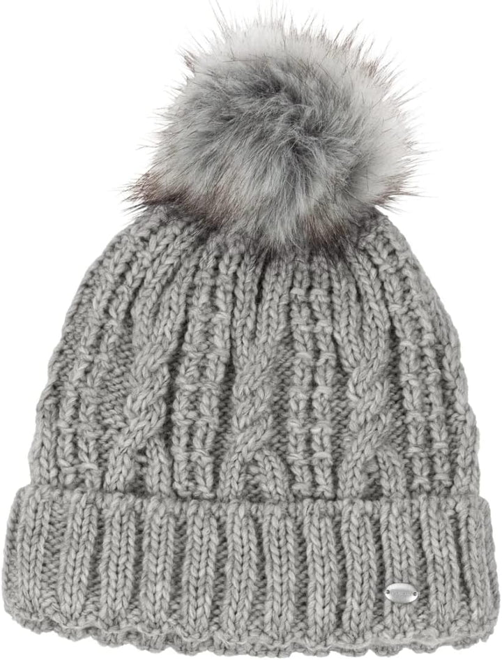 PIKEUR Damen Mütze mit Fell-Imitat-Bommel Herbst/Winter 2021 55 Light Grey, 55 Light Grey