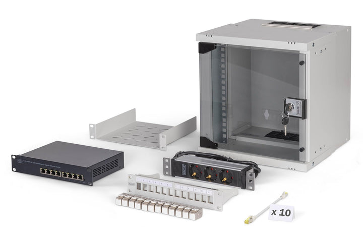 DIGITUS 10 Zoll Netzwerk-Set – 6HE Netzwerkschrank – Fachboden – Steckdosenleiste – 8-Port Switch –