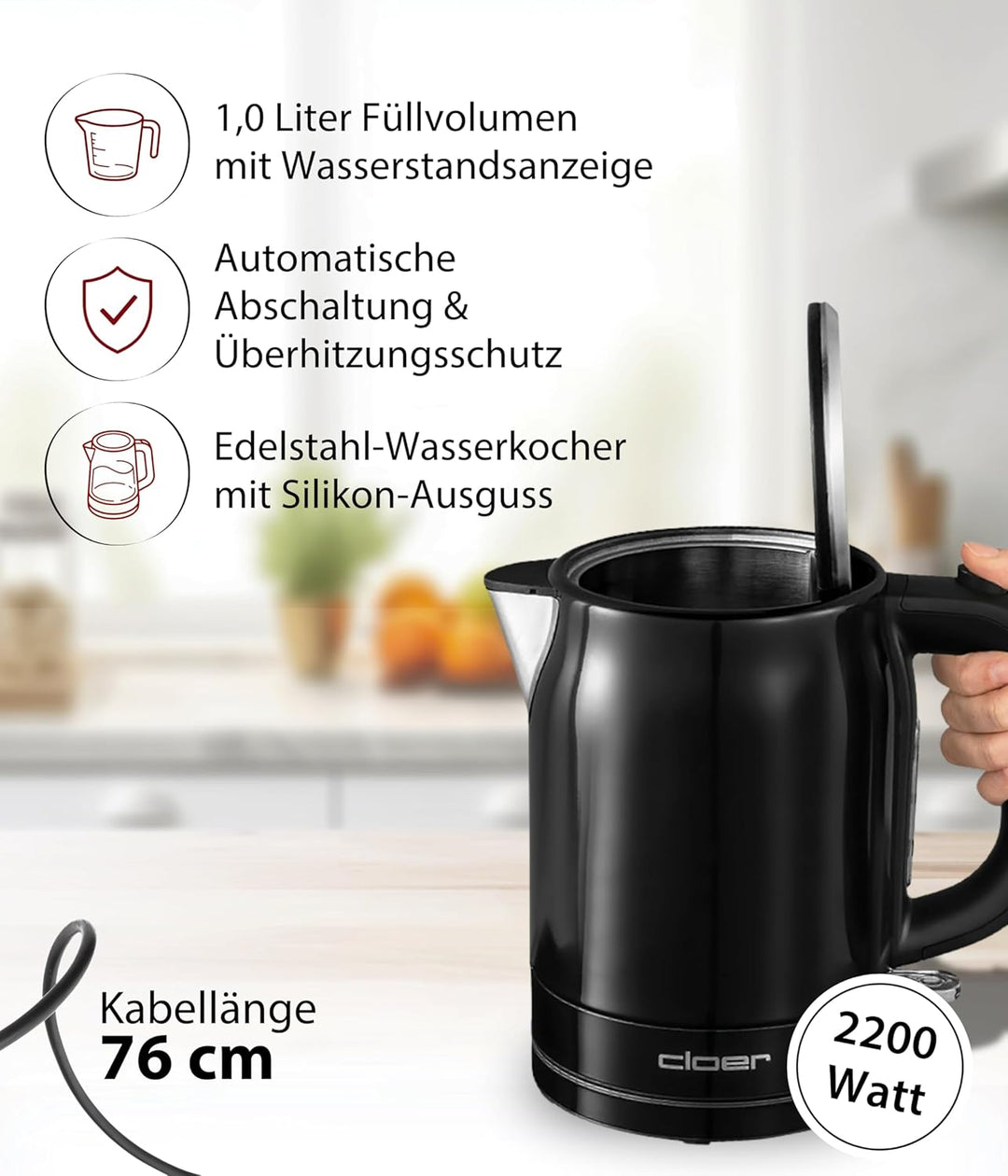 Cloer 4510 Wasserkocher Edelstahl, 2200 W, Wasserstandsanzeige, Trockengeh-und Überhitzungsschutz, 1