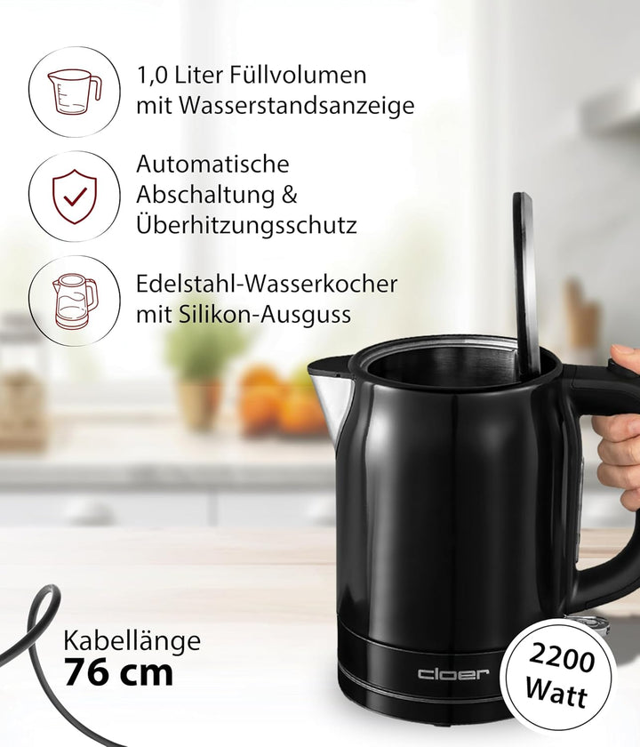 Cloer 4510 Wasserkocher Edelstahl, 2200 W, Wasserstandsanzeige, Trockengeh-und Überhitzungsschutz, 1