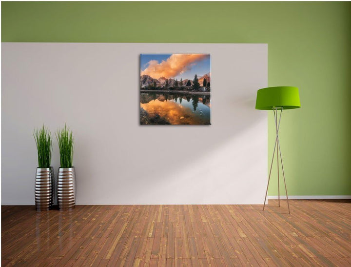 Pixxprint Bunte Dolomiten am See Limides, Format: 70x70 auf Leinwand, 70x70