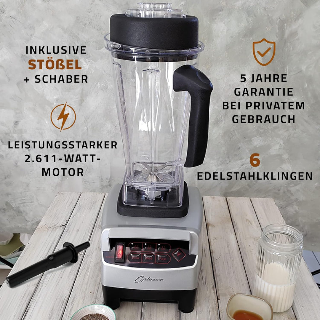 Hochleistungsmixer Optimum 9200A, 2611 Watt, 3.5PS, 6 Edelstahlklingen, 48000 U/min, GRATIS Nussmilc