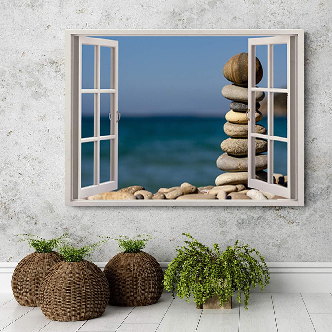 Feeby Wandbild Steine Druckbild Leinwandbild 3D Illusion Blau 90x60 cm Leinwandbild 90x60 cm Blau_g,