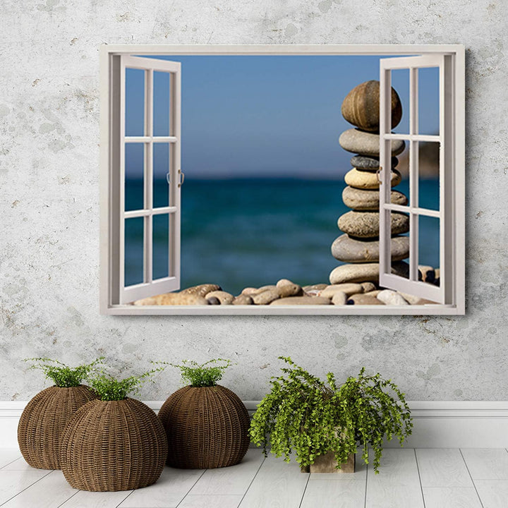 Feeby Wandbild Steine Druckbild Leinwandbild 3D Illusion Blau 90x60 cm Leinwandbild 90x60 cm Blau_g,