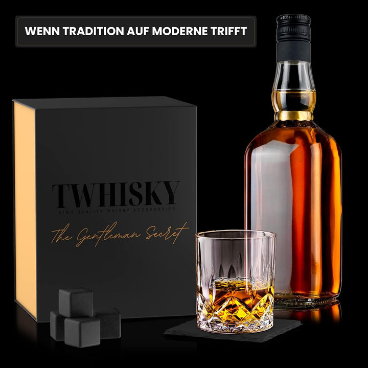 Twhisky Premium Whisky Glas Geschenkset - 1 Whiskey Glas Tumbler 300 ml, 4 wiederverwendbare Whisky