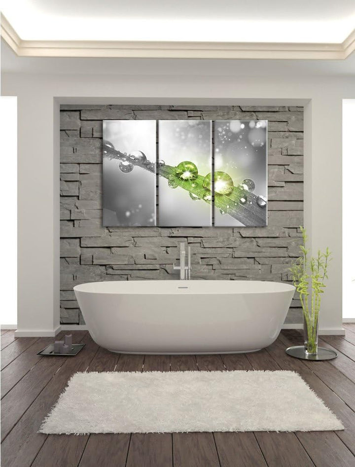 Pixxprint Wassertropfen auf Grashalm B&W Detail 3-Teiler Leinwandbild 120x80 Bild auf Leinwand