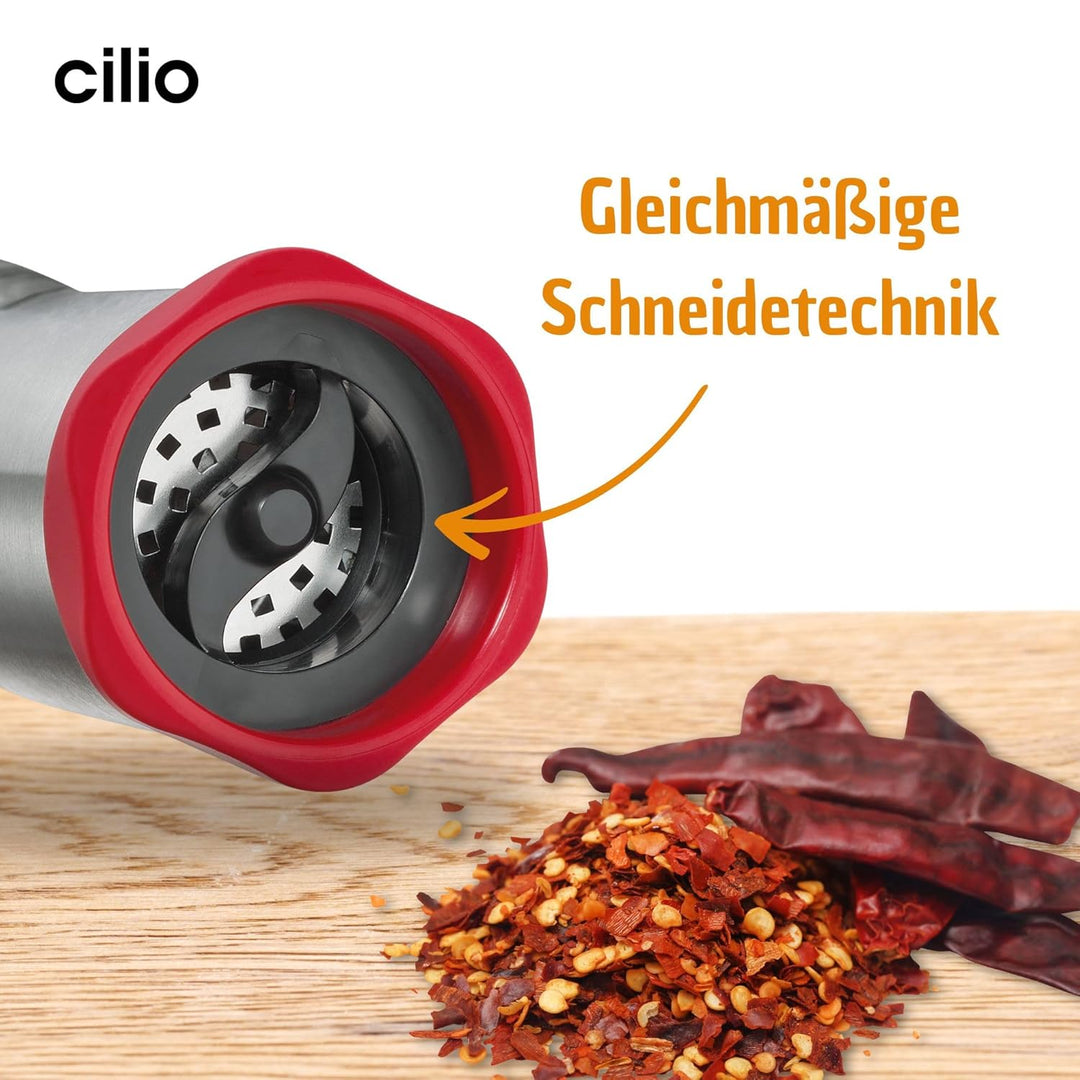 Cilio Chili Mühle PICCANTE | zum Selbstbefüllen | Ø 6,5cm, H: 14,5cm | mit Verschlusskappe | inkl. b