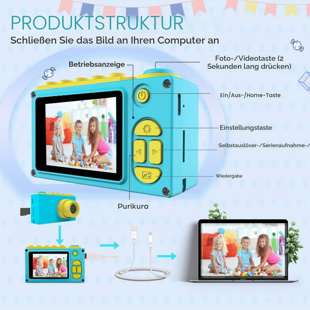 ShinePick Kinderkamera, wasserdicht, Mini-Kamera mit TF-Karte 32 GB/Digitalzoom 4 x / 8 MP/TFT-LCD-D
